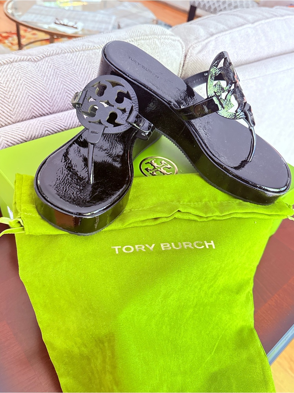 Tory Burch Black Patent Platform Thong Sandals with Logo Medallion